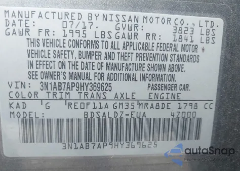 2017 Nissan Sentra S/Sv/Sr/Sl from USA, damaged, VIN 3N1AB7AP9HY369625